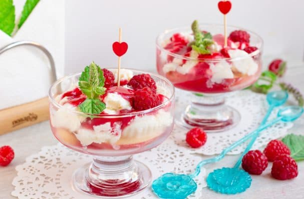 Dessert with peaches and raspberries