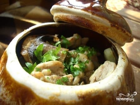 Mushrooms in clay pots