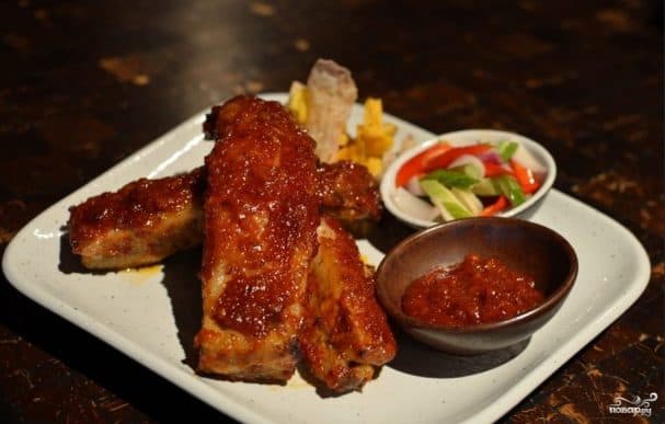 Fried pork ribs in a pan