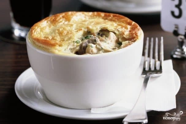 Chicken with mushrooms in a pot