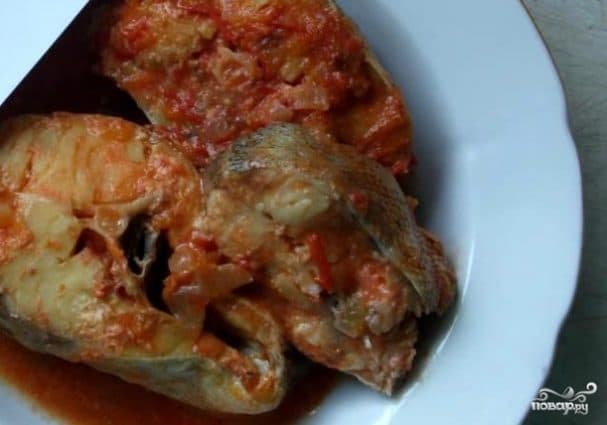 Pollock stewed in tomato sauce