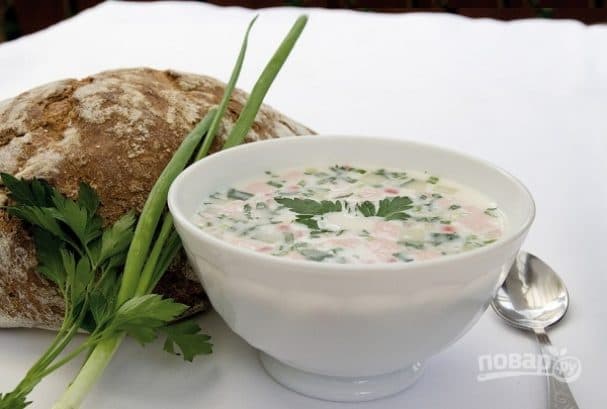 Mayonnaise-based okroshka with sausage