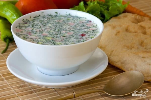 Okroshka with smoked sausage