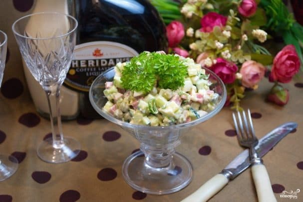 Classic Olivier salad with sausage