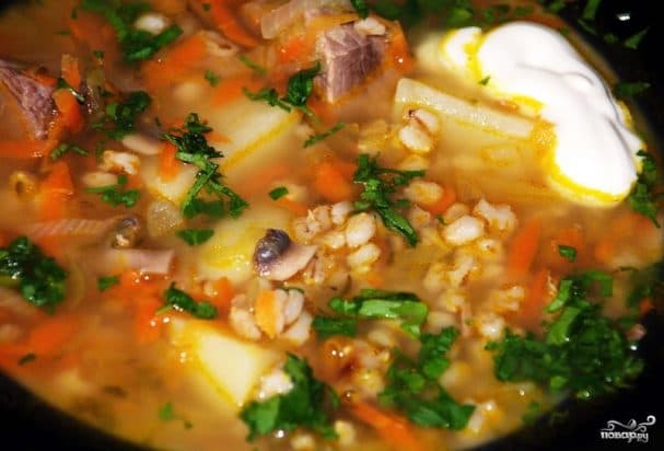 Рассольник с говядиной и перловкой