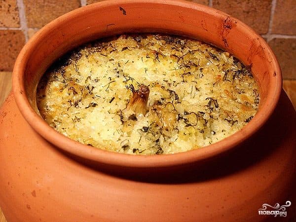Rice with mushrooms in pots