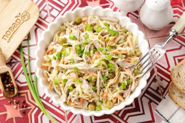 Salad with tongue and cabbage