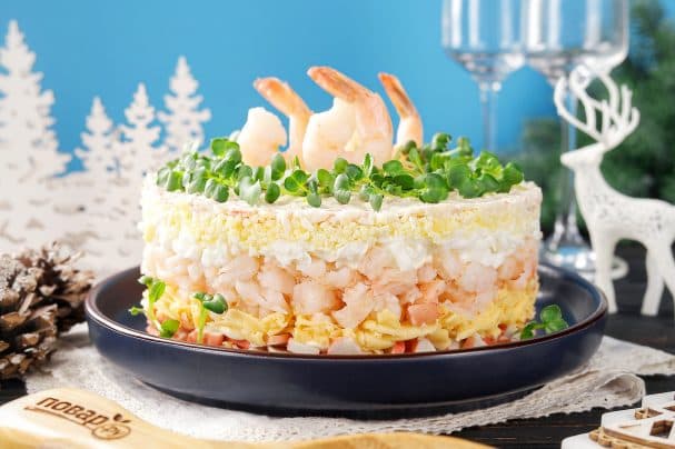 Layered salad with shrimp