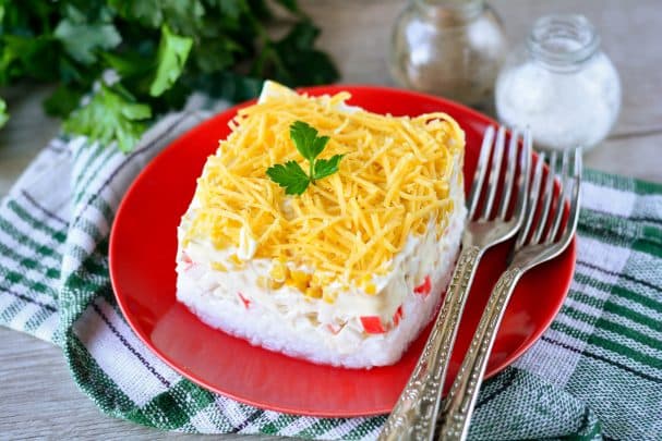 Layered crab salad with rice