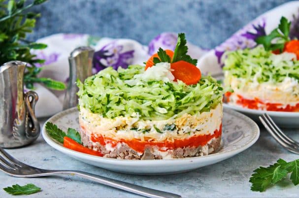 Layered salad with tongue