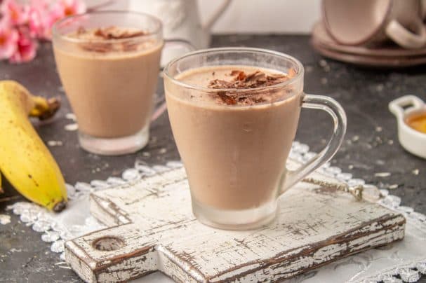 Dessert with baked milk, banana, and cocoa