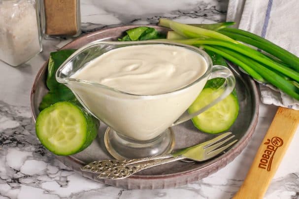 Homemade mayonnaise made with sour cream and mustard