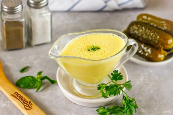 Homemade mayonnaise with cucumber brine