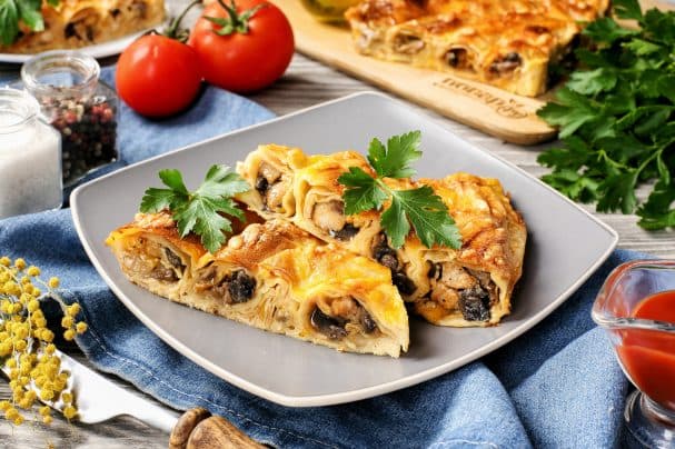 Crepe pie with chicken and mushrooms
