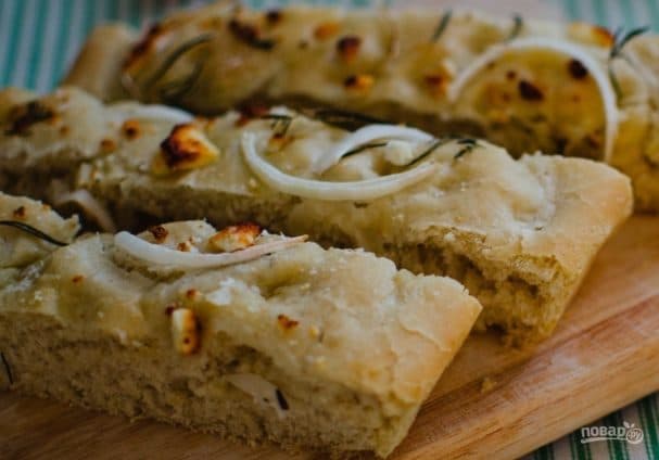 Focaccia with onion, rosemary, and feta