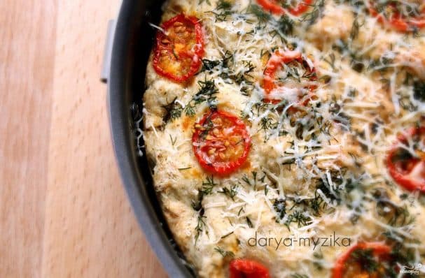 Focaccia with cherry tomatoes, dill, and Maasdam cheese