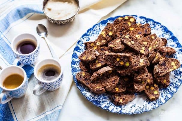 Chocolate biscotti with cranberries and pistachios