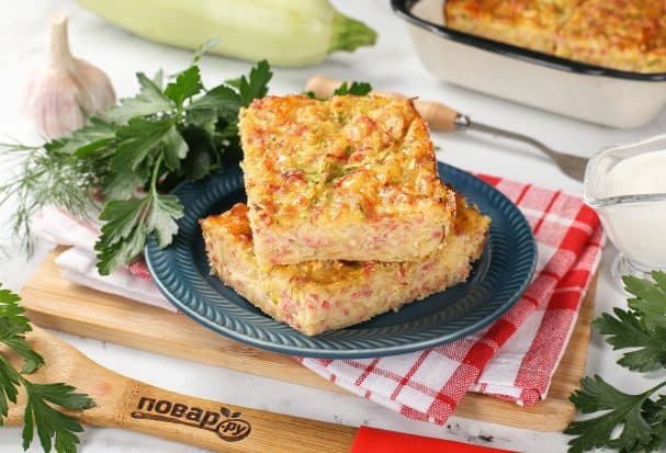 Zucchini casserole with smoked sausage and cheese