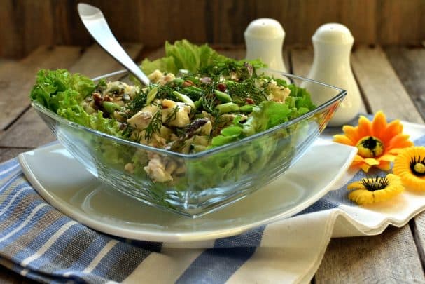 Chicken, mushroom, and Adyghe cheese salad