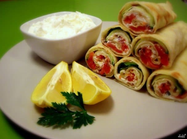 Pancakes with cheese and salmon
