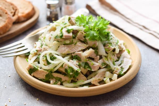 Rustic pork wedding salad with onions