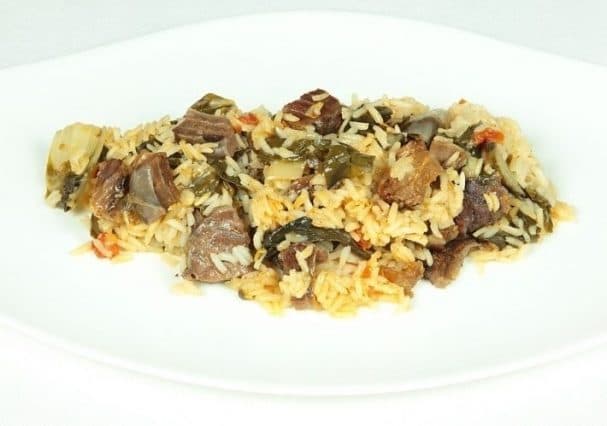 Beef stewed with rice and vegetables