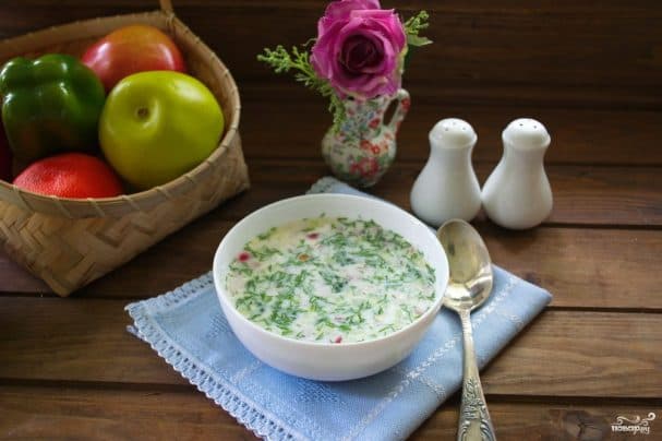 Okroshka with smoked chicken breast