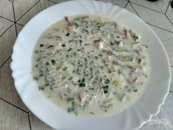 Okroshka with kvass and sausage