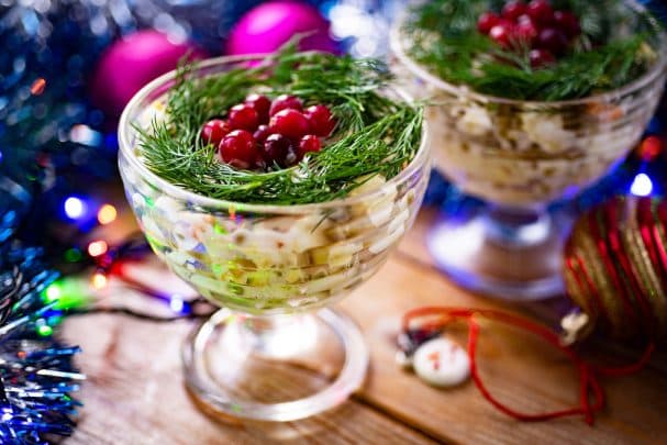Olivier salad with fried mushrooms for New Year