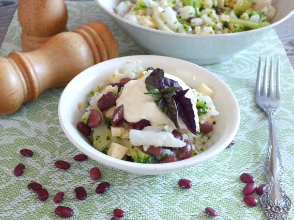 Broccoli, cauliflower, and bean salad