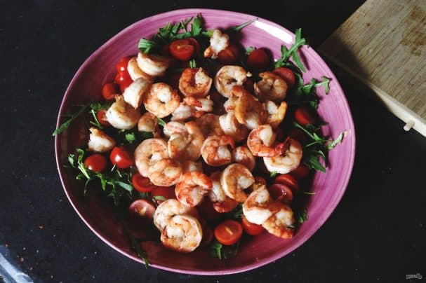 Shrimp, arugula, and cherry tomato salad