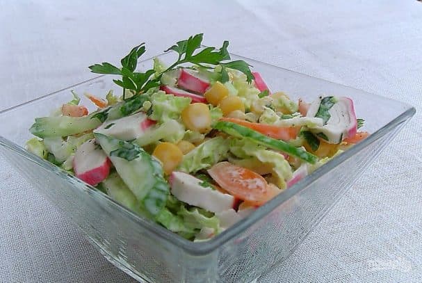 Salad with Chinese cabbage and crab sticks