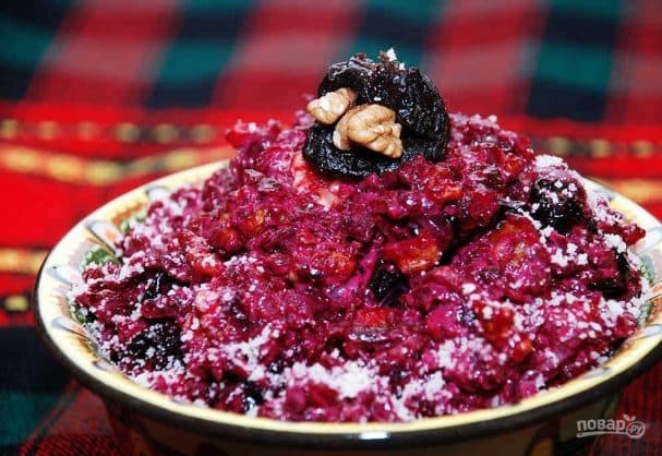 Beet, prune, and walnut salad
