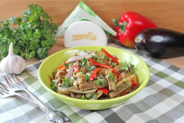 Beef tongue salad with eggplants