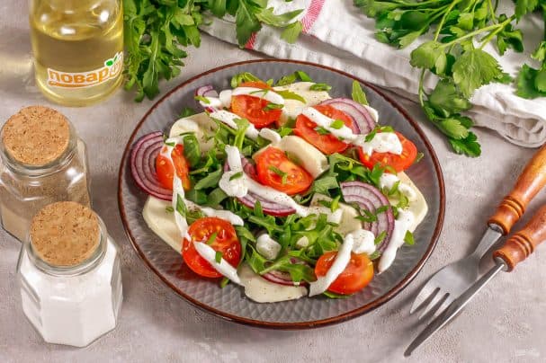 Salad with Adyghe cheese and tomatoes