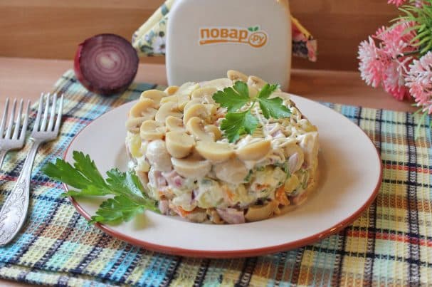 Salad with roast pork and mushrooms