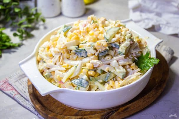 Salad with crab sticks, squid, and corn