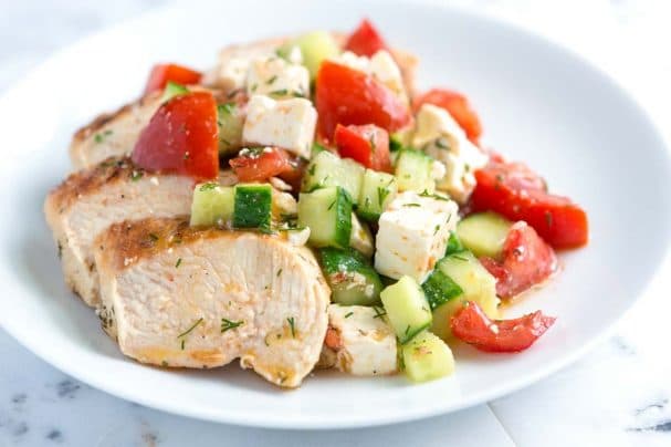 Salad with chicken breast, vegetables, and feta cheese