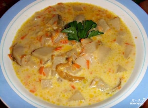 White mushroom soup with fresh mushrooms in a multicooker