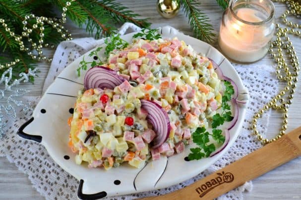 Olivier salad with sausage for the Year of the Rat